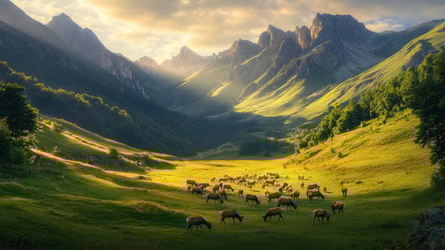 Sunrise over mountain valley with grazing herd of sheep, beautiful nature scene, peaceful landscape photo