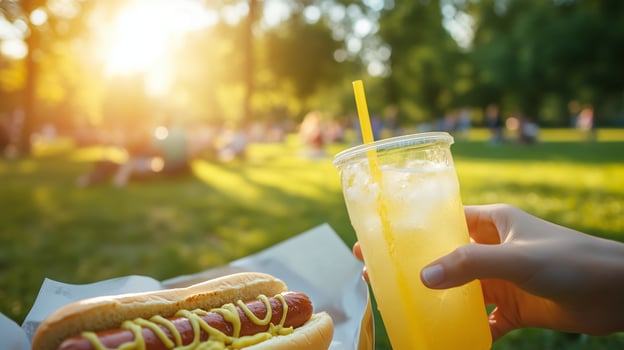 Sunny afternoon picnic in the park with a hot dog and refreshing drink at golden hour photo