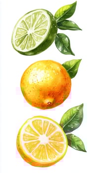 Sliced citrus fruits showcasing lime, orange, and lemon arranged with green leaves on a white background photo