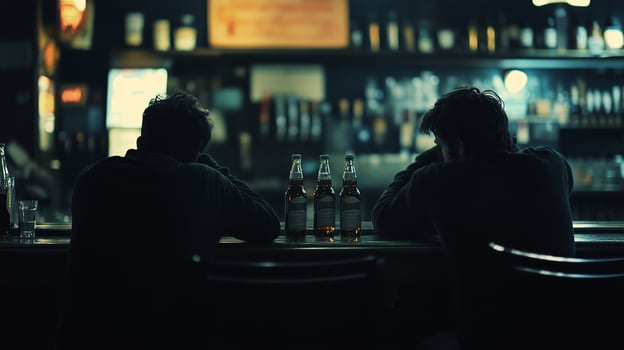 Two friends seated at a dimly lit bar, sharing a quiet moment while enjoying drinks late at night photo