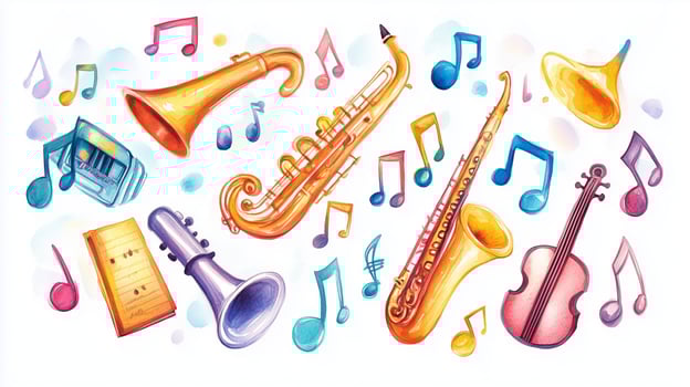 Colorful illustration of musical instruments surrounded by notes in a vibrant artistic style photo