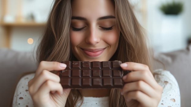 A young woman smiles joyfully while holding a chocolate bar at home during a cozy afternoon photo