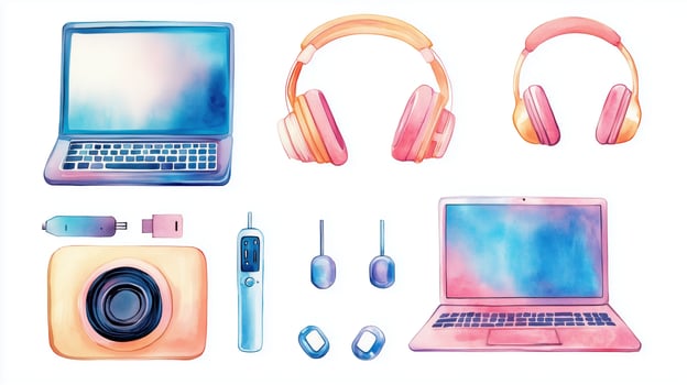 Colorful illustration of modern gadgets including laptops, cameras, and headphones on a clean background photo