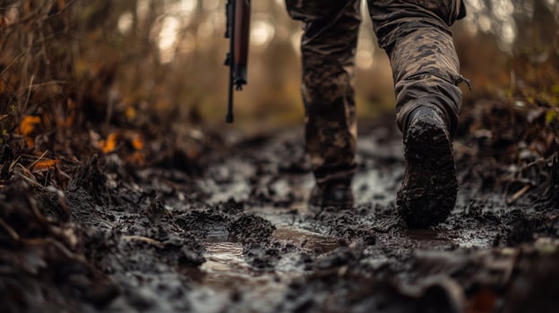 A soldier walks through a muddy forest path during a cloudy afternoon, showcasing resilience in challenging terrain photo