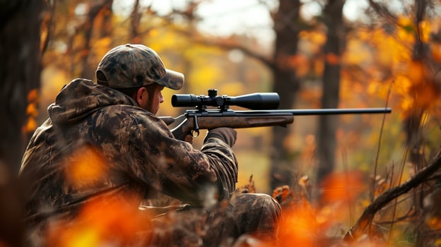 A hunter in camouflage quietly aims a rifle through the autumn foliage during early morning in a wooded area photo