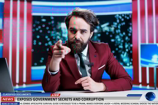 News anchor reveals classified documents that expose government secrets, fraud activity madness. Journalist doing live reportage on night show to discuss corruption and bribery. photo