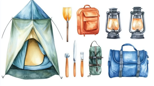 Essential camping gear including tents, tools, and lanterns arranged for an outdoor adventure preparation in a vibrant watercolor style photo