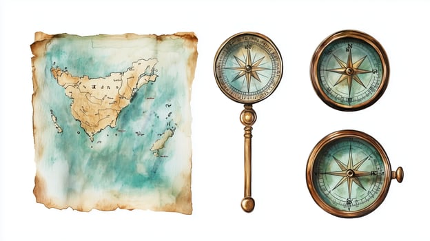 Vintage map and compasses illustrating maritime navigation around an island in a tranquil ocean setting photo