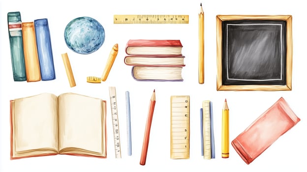 Colorful assortment of school supplies and books laid out on a white background, showcasing educational tools for learning and creativity photo