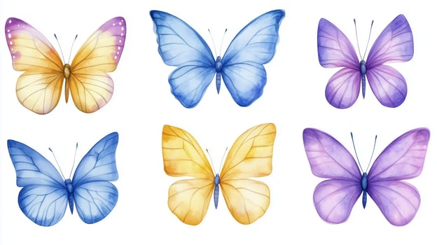 Colorful artistic watercolor butterflies in various shades displayed on a white background in a creative arrangement photo