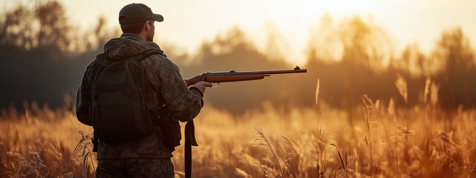 A hunter stands in a golden field with a rifle at sunset, preparing for a thoughtful moment in nature during early evening photo