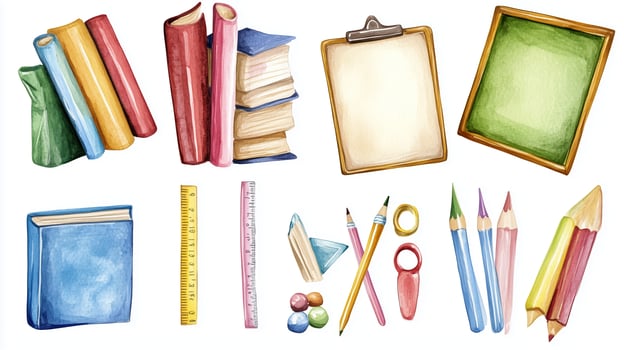 Colorful school supplies and stationery arranged artistically on a white background, showcasing books, papers, and writing tools photo