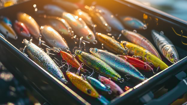 Fishing lures in a sunlit tackle box by the water's edge at sunset, showcasing a variety of colors and designs for anglers photo