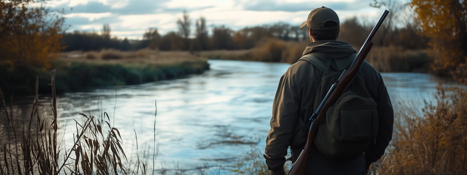 A lone hunter observes the tranquil river landscape during autumn in a rural area at dusk photo
