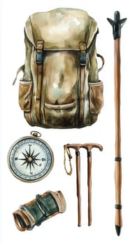 Essential hiking gear including a backpack, compass, trekking poles, and a walking stick on a plain background photo