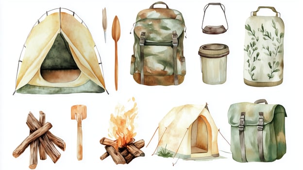 Camping essentials laid out with tents, backpack, firewood, and camping gear in a serene outdoor setting photo