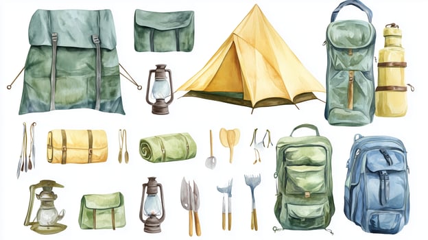Camping gear collection featuring a tent, backpacks, cooking tools, and lanterns laid out for an outdoor adventure activity photo