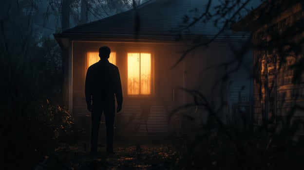 A mysterious figure stands in the darkness outside an old house with a glowing window in a foggy forest at night photo