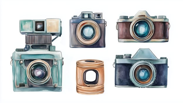 A collection of vintage cameras showcasing various styles and designs with a retro aesthetic photo