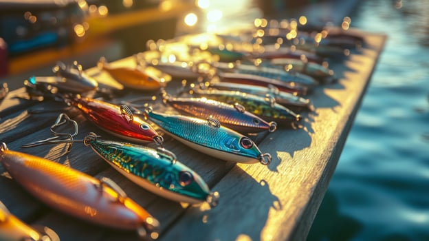 A variety of colorful fishing lures arranged neatly on a wooden dock at sunset near a tranquil waterway photo