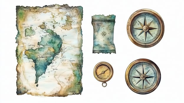 Vintage map of South America with compass designs showcasing exploration and navigation tools photo