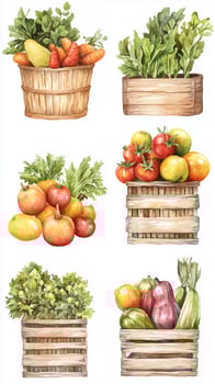 Freshly harvested vegetables and fruits displayed in wooden baskets on a white background showcasing vibrant colors and natural textures photo