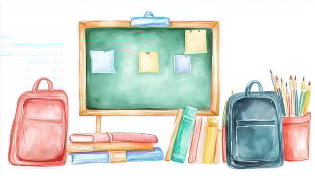Watercolor illustration of school supplies, backpacks, and a chalkboard in a bright learning environment photo