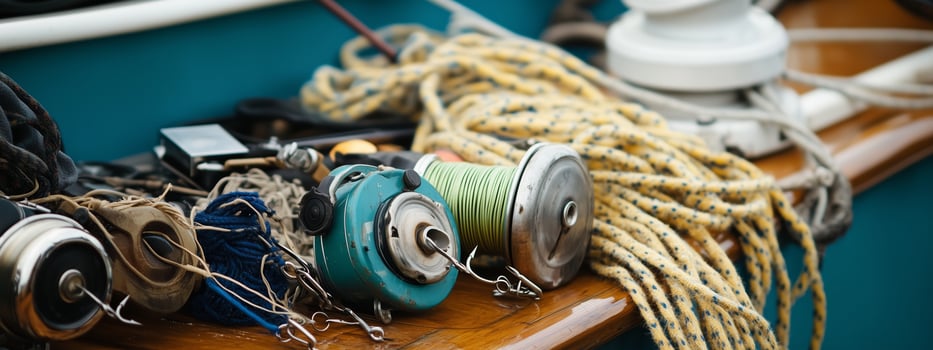 Fishing gear and ropes arranged neatly on a boat during a sunny day at the dock, showcasing tools for an adventurous day on the water photo