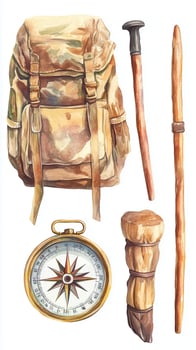 An illustrated hiking backpack, walking sticks, and a compass arranged for outdoor adventure preparation photo