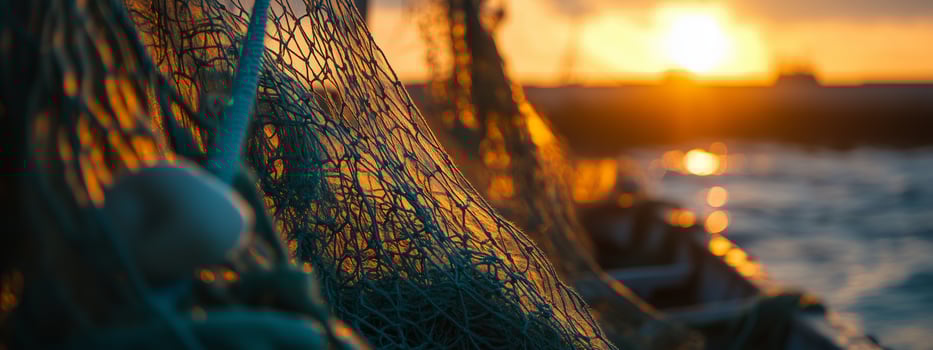 Colorful sunset over calm waters with fishing nets casting shadows along the shore in a tranquil coastal setting photo