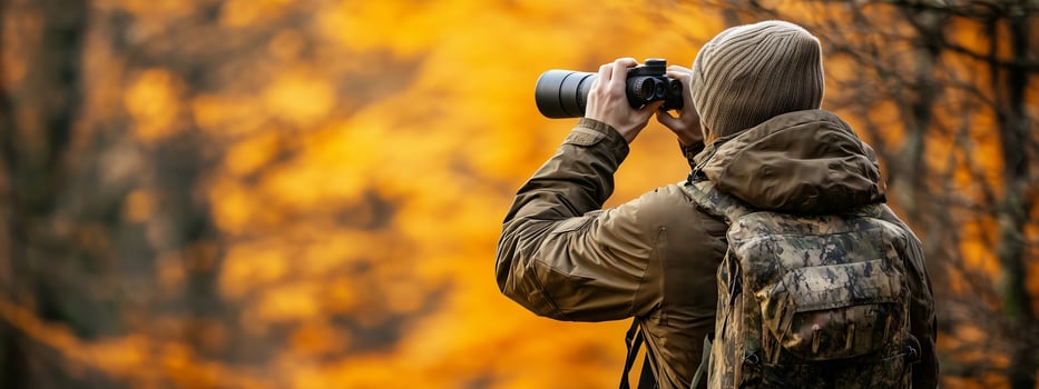 A photographer capturing vibrant fall foliage in a forest surrounded by rich autumn colors during a sunny afternoon photo