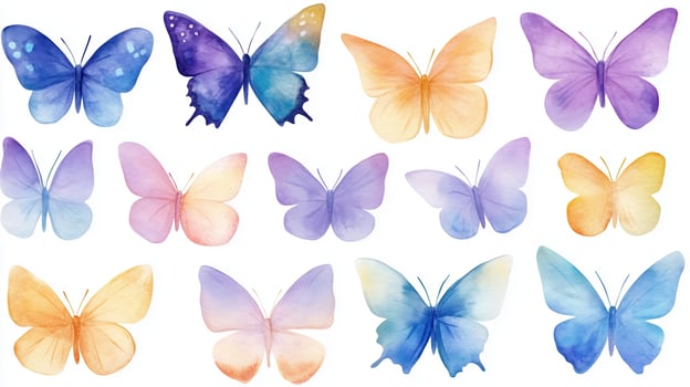 Colorful watercolor butterflies in various shades displayed in a harmonious arrangement, showcasing nature's beauty and grace photo