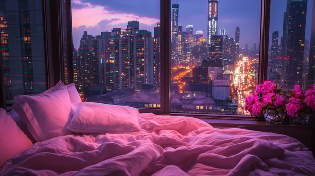 Cozy bedroom with pink bedding overlooking a vibrant city skyline at dusk, showcasing city lights and evening colors photo