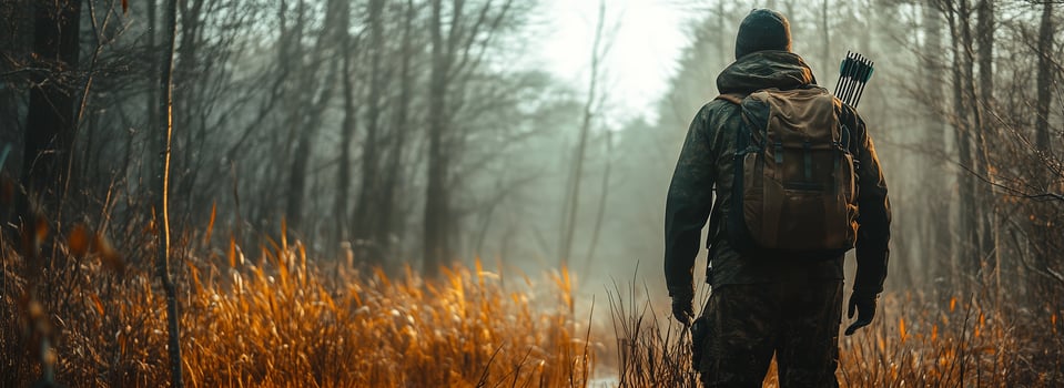 A lone hunter navigates through a foggy forest at dawn, preparing for an early morning hunt with bow and arrows photo