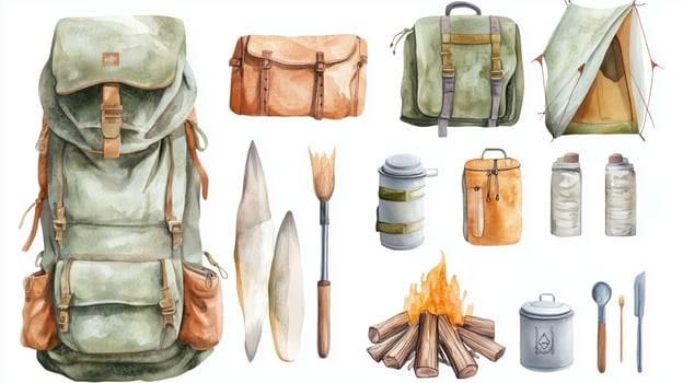 Outdoor camping gear collection including backpacks, tents, utensils, and a campfire setup illustrating adventure essentials photo