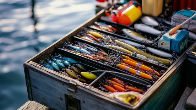 Colorful fishing lures organized in a tackle box beside a calm water surface during a sunny day by the lake photo