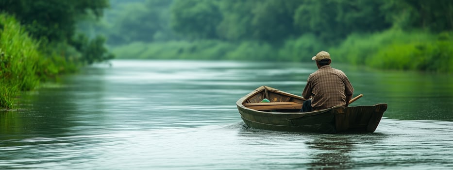 A solitary fisherman paddling a wooden boat down a tranquil river surrounded by lush greenery during a quiet morning photo