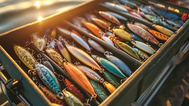 Colorful fishing lures organized in a tackle box ready for an afternoon of fishing by the lake at sunset photo