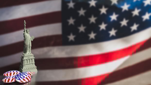 The brooch vote and statue of liberty on USA flag for U.S. presidential election concept 3d rendering. photo