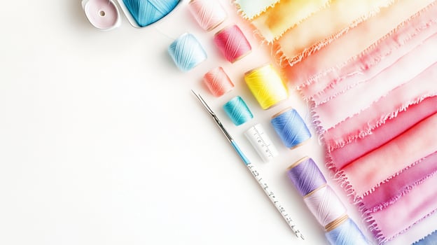 Crafting supplies laid out on a clean surface with colorful threads and fabric, showcasing a creative workspace photo