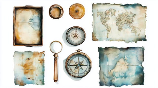 Vintage maps, a compass, and magnifying glass arranged artistically on a textured background for exploration-themed inspiration photo