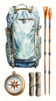 Exploring essentials including a backpack, compass, and paddles for adventurous outings in nature photo