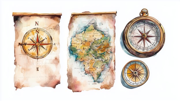 Vintage compass and map illustrations showcasing navigation tools and cartography elements on a parchment background photo