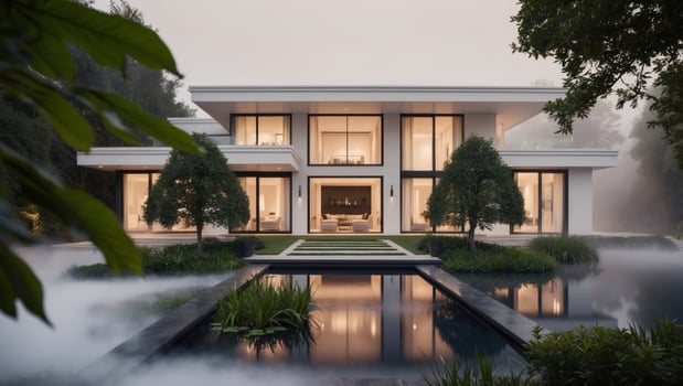 A modern house with a pond and fog photo