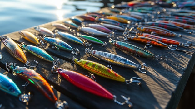 Colorful fishing lures arranged on a wooden dock beside a calm lake during the late afternoon light photo