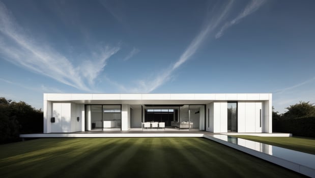 A modern white house with a grassy lawn photo