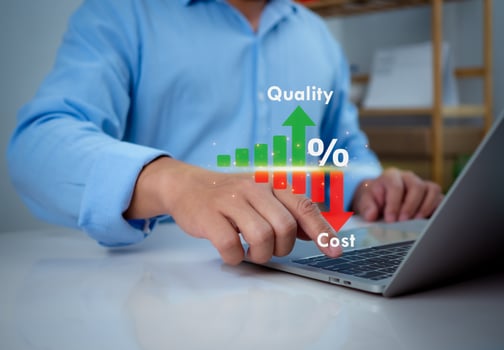 Businessman touching showing a quality control growth graph and cost reduction, Cost and quality control, Effective business, business strategy and project management concept. photo