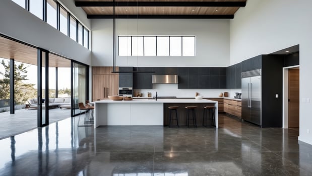 Modern kitchen with concrete flooring and wooden ceiling photo