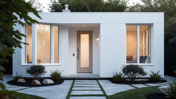 A modern home with a white exterior and a patio photo