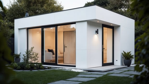 A modern garden office with a patio and a patio photo
